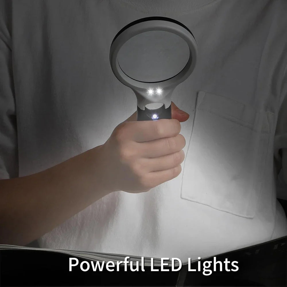 White Handheld Magnifying Glass 3X & 45X with 3 LED Lights — Reading, Jewelry, Coins, Stamps