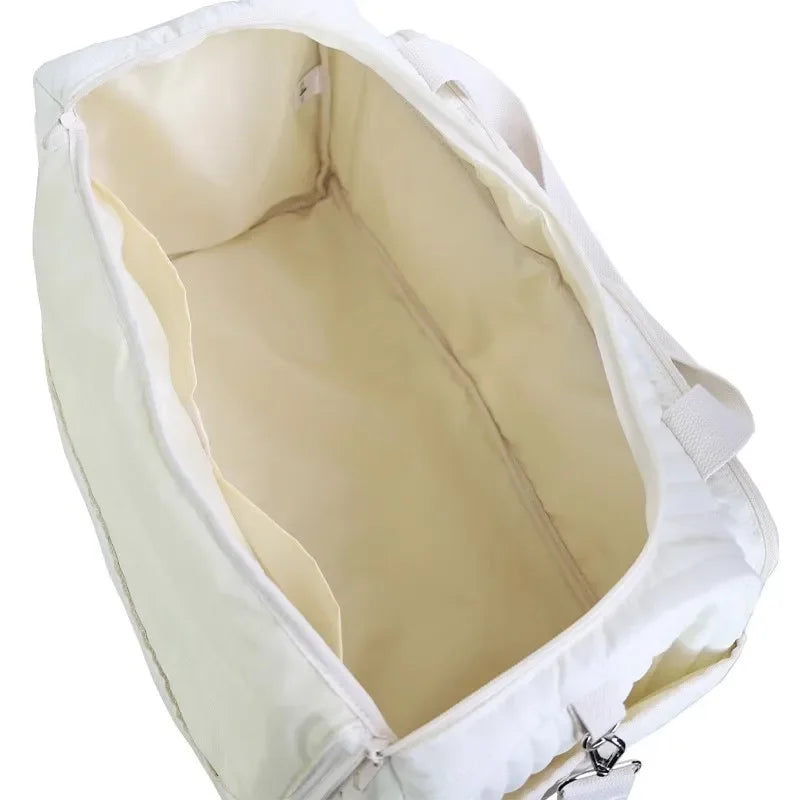 Bear Embroidery Diaper Bag - Beige Cotton Mommy Bag, 48 x 22 x 26 cm (18.9 x 8.7 x 10.2 in), Zippered Messenger Baby Bag