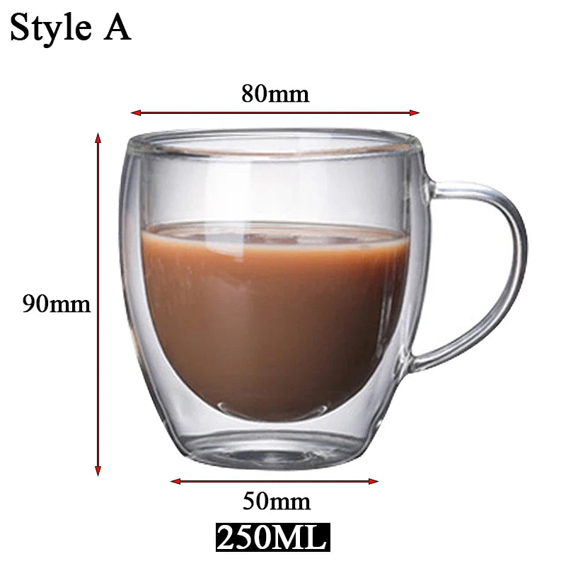Clear Double Wall Insulated Glass Cups — 5 Sizes | Coffee, Espresso, Tea, Beer & Whiskey Mugs
