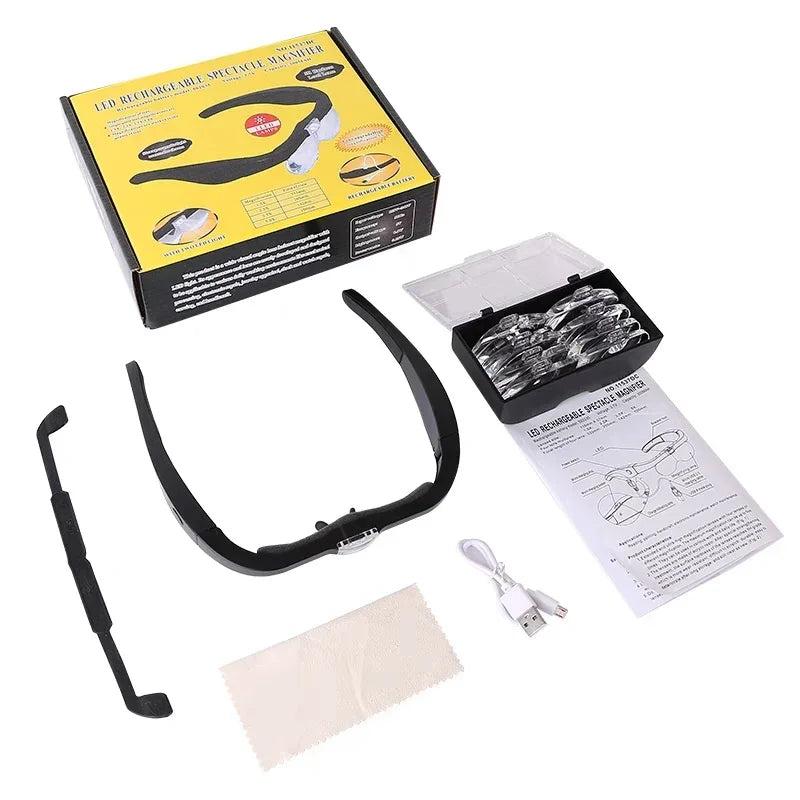 Hands-Free LED Headband Magnifier — USB Rechargeable with 1.5x 2.5x 3.5x 5x Lenses for Reading, Watch & Jewelry Repair