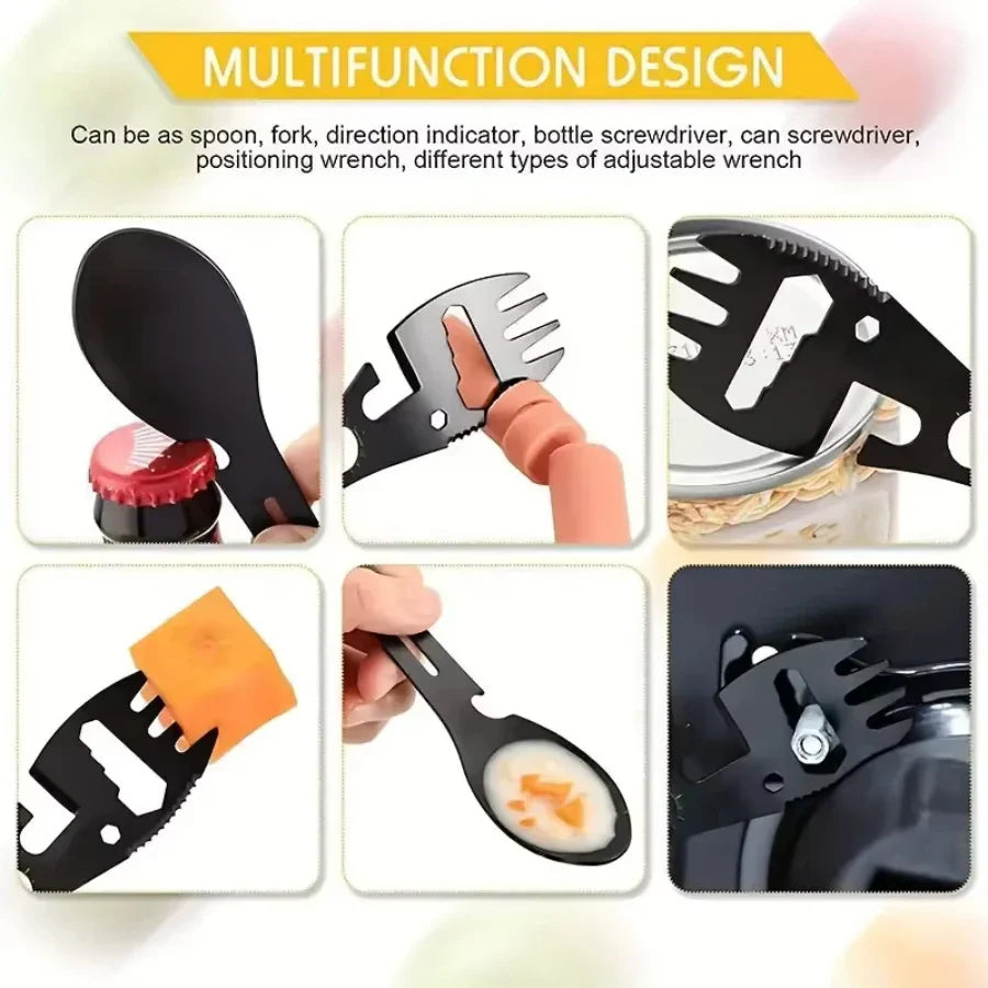 Lightweight Pocket Multifunctional Camping Utensil Stainless Steel Fork & Spoon with Bottle Opener and Wrench