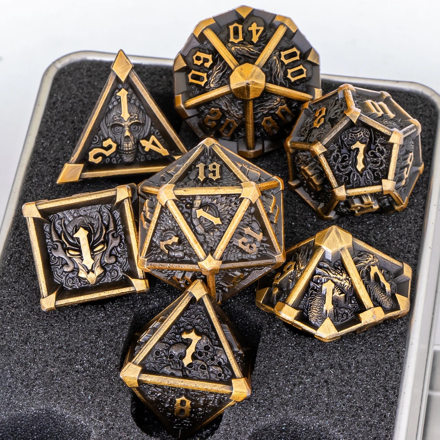 Skull and Dragon Metal Dice Set - 7-Piece Polyhedral DnD Dice for Dungeons & Dragons Tabletop RPG