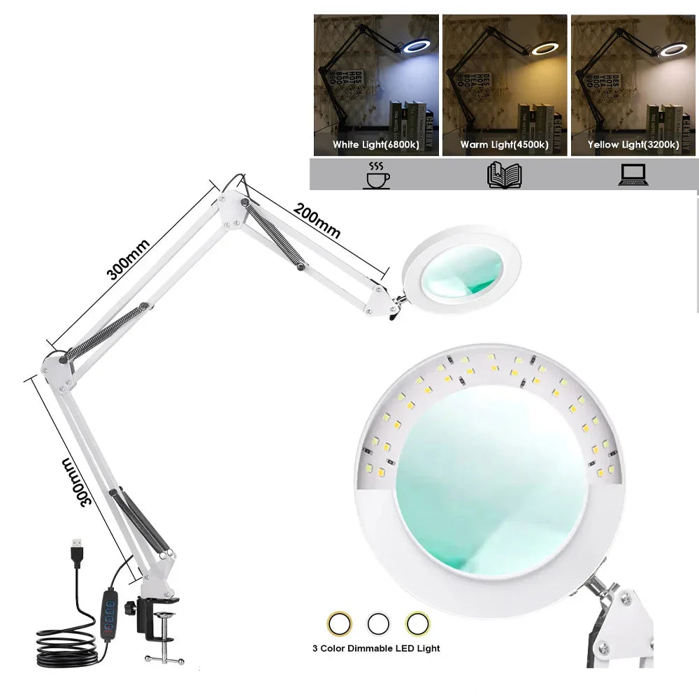 72-LED USB Magnifying Lamp 8X/10X 4.2in (106mm) Glass Lens Dimmable 3-Color LED Magnifier with Adjustable Arm & Clamp for Soldering Repair Crafts Beauty