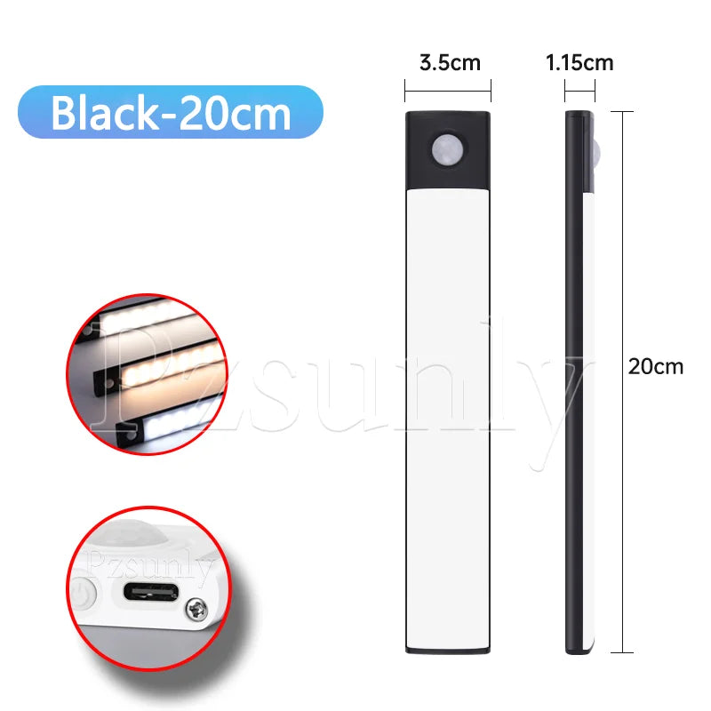 USB Rechargeable LED Motion Sensor Bar Light — Dimmable 3-Color Under-Cabinet Night Light, 10/20/30/40/50 cm (4–20 in)