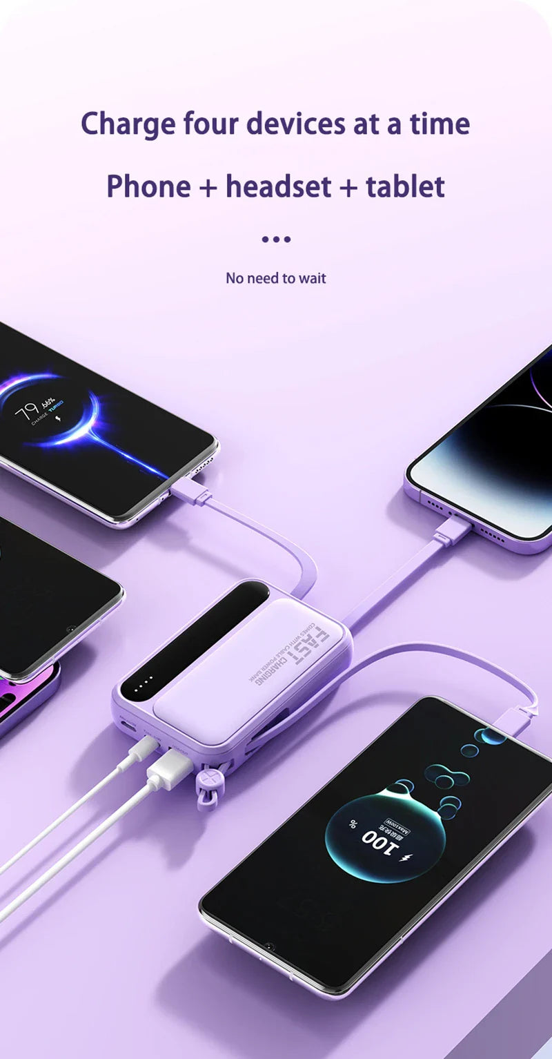 4-in-1 50000mAh Portable Power Bank with Built-in Cables & LED Digital Display — Universal Charger for Smartphones & Tablets