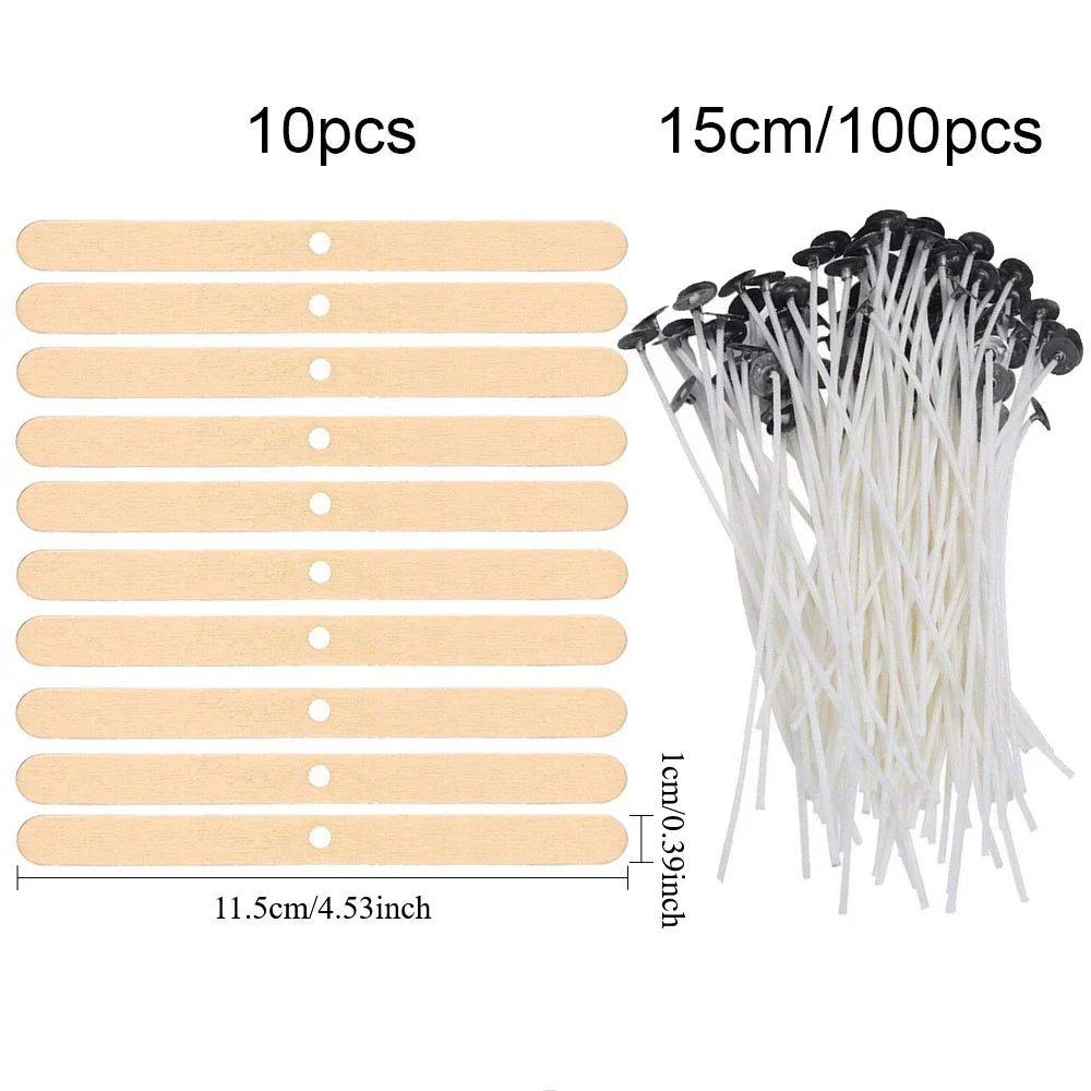 Pre-Waxed Cotton Candle Wicks 100-Pack (2.6–20 cm / 1.0–7.9 in) with Metal Bases, Adhesive Stickers & Holders — DIY Candle Making Kit