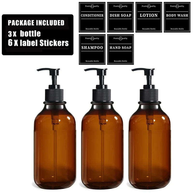500ml (16.9 fl oz) Amber Refillable Pump Bottle Set with Black Label Stickers - Shampoo, Shower Gel & Liquid Soap Dispensers for Bathroom & Kitchen