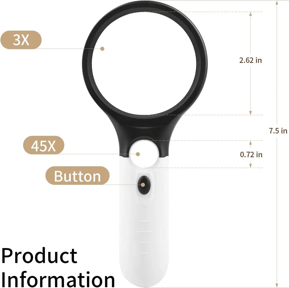 White Handheld Magnifying Glass 3X & 45X with 3 LED Lights — Reading, Jewelry, Coins, Stamps