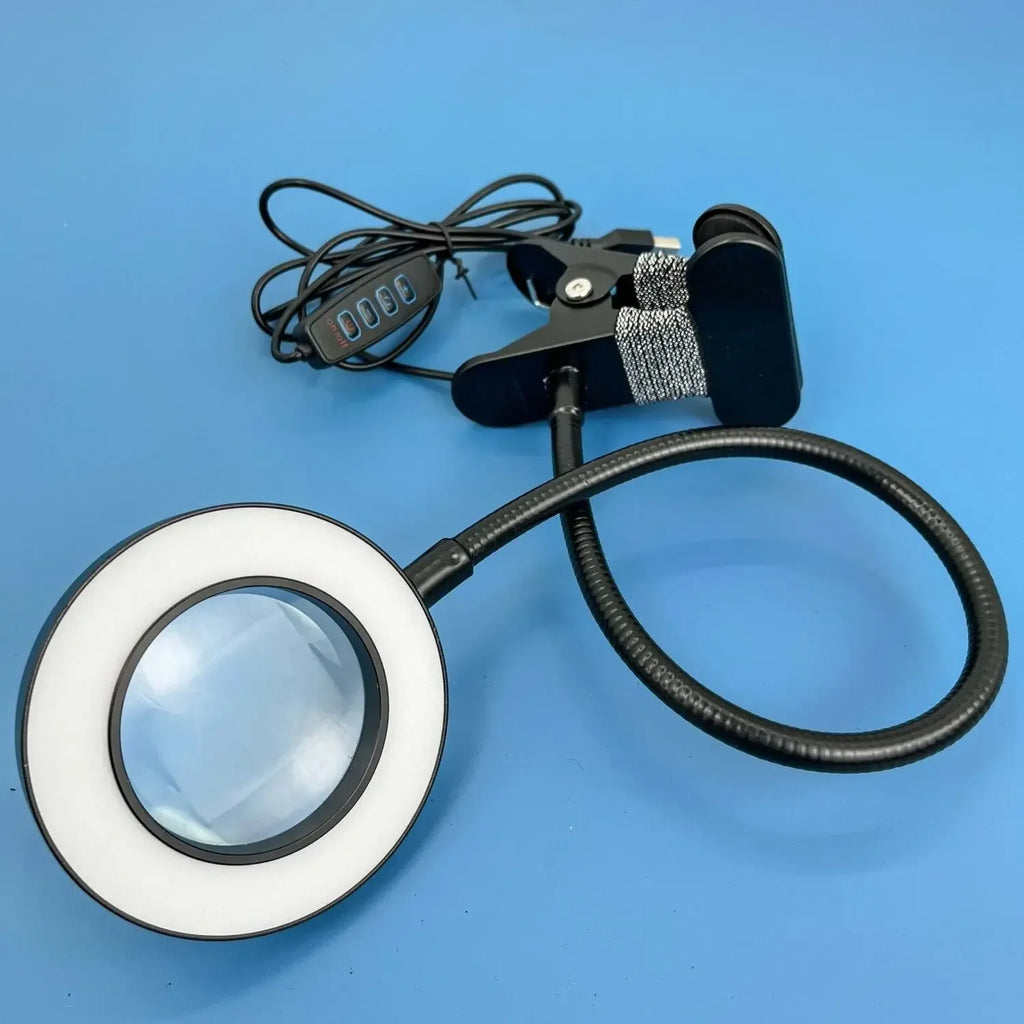 10X Clip-On Magnifying Lamp with LED Light for Manicure, Embroidery & Eyelash Extensions - Black White Silver
