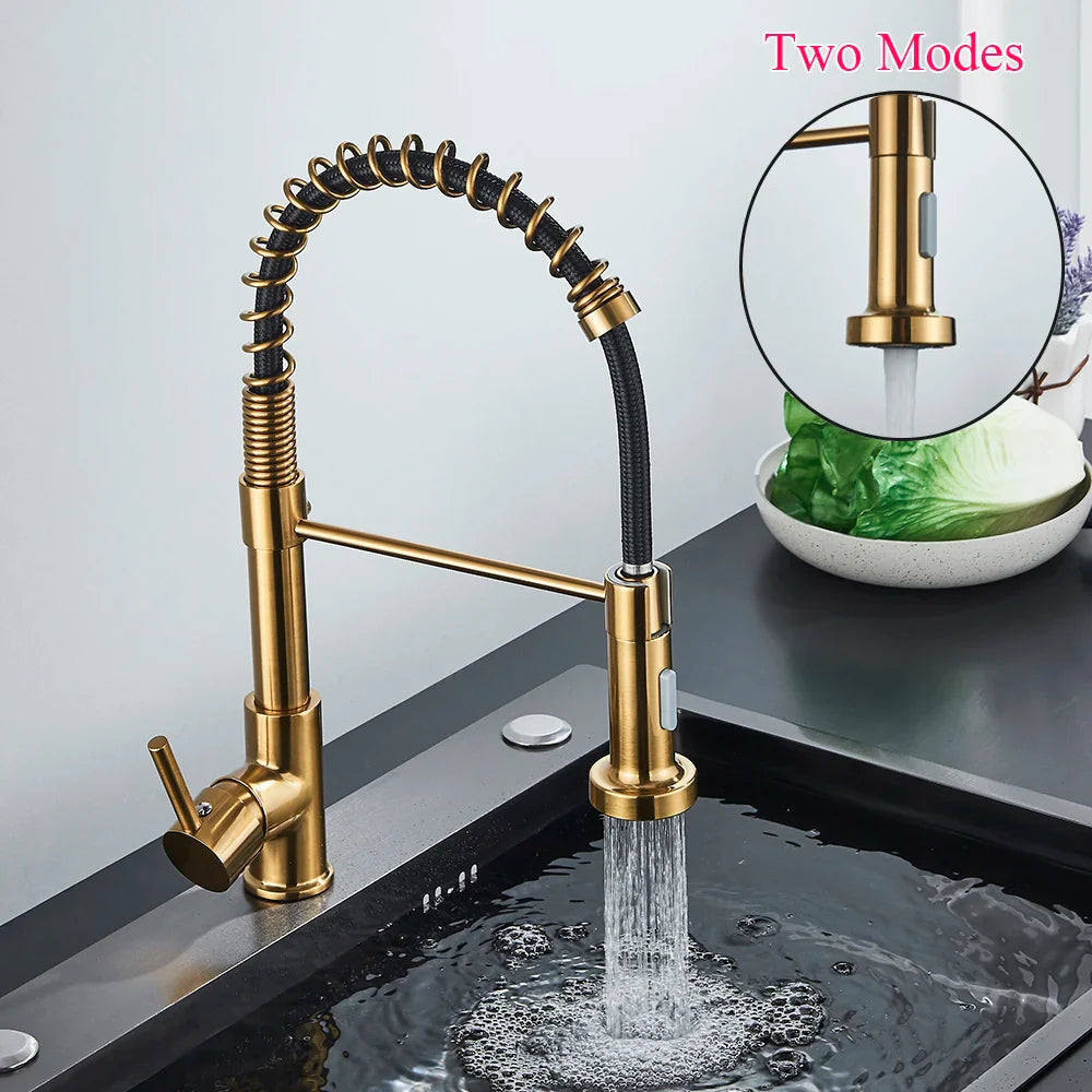 Brushed Gold Pull-Down Kitchen Faucet, Spring Spout Single-Handle Deck-Mount Hot & Cold Mixer