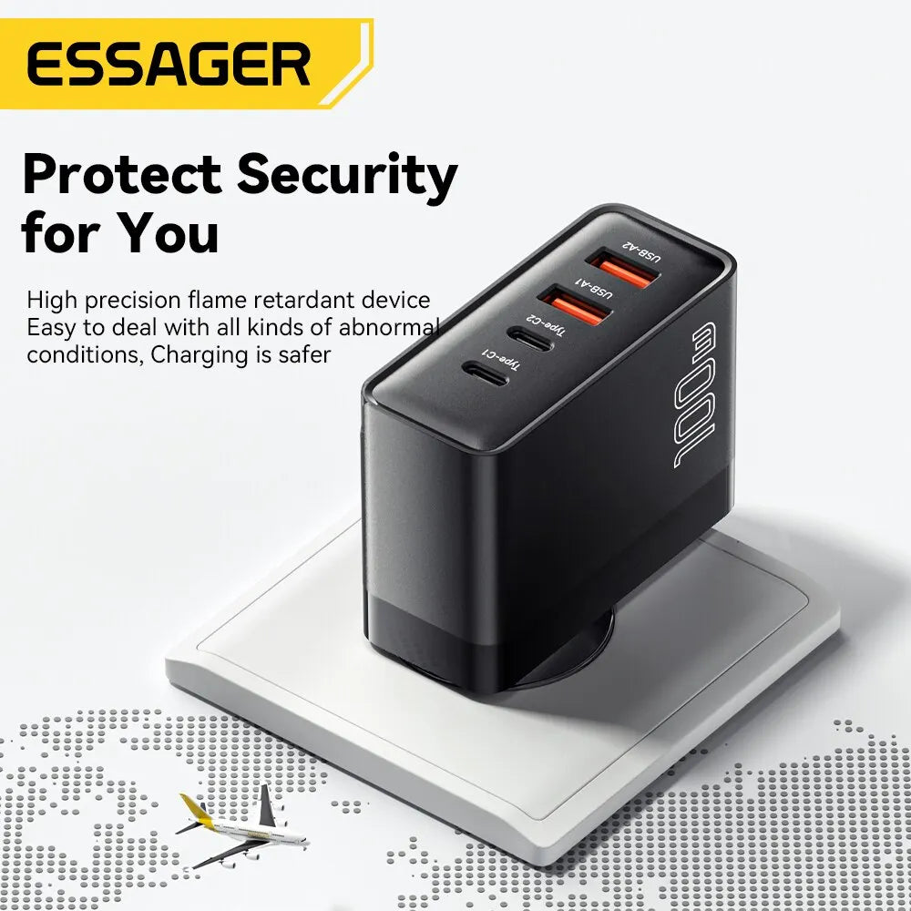 100W GaN 4-Port USB-C PD & QC Fast Charger (2 USB-C, 2 USB-A) — Power Delivery for Laptops, Phones & Tablets