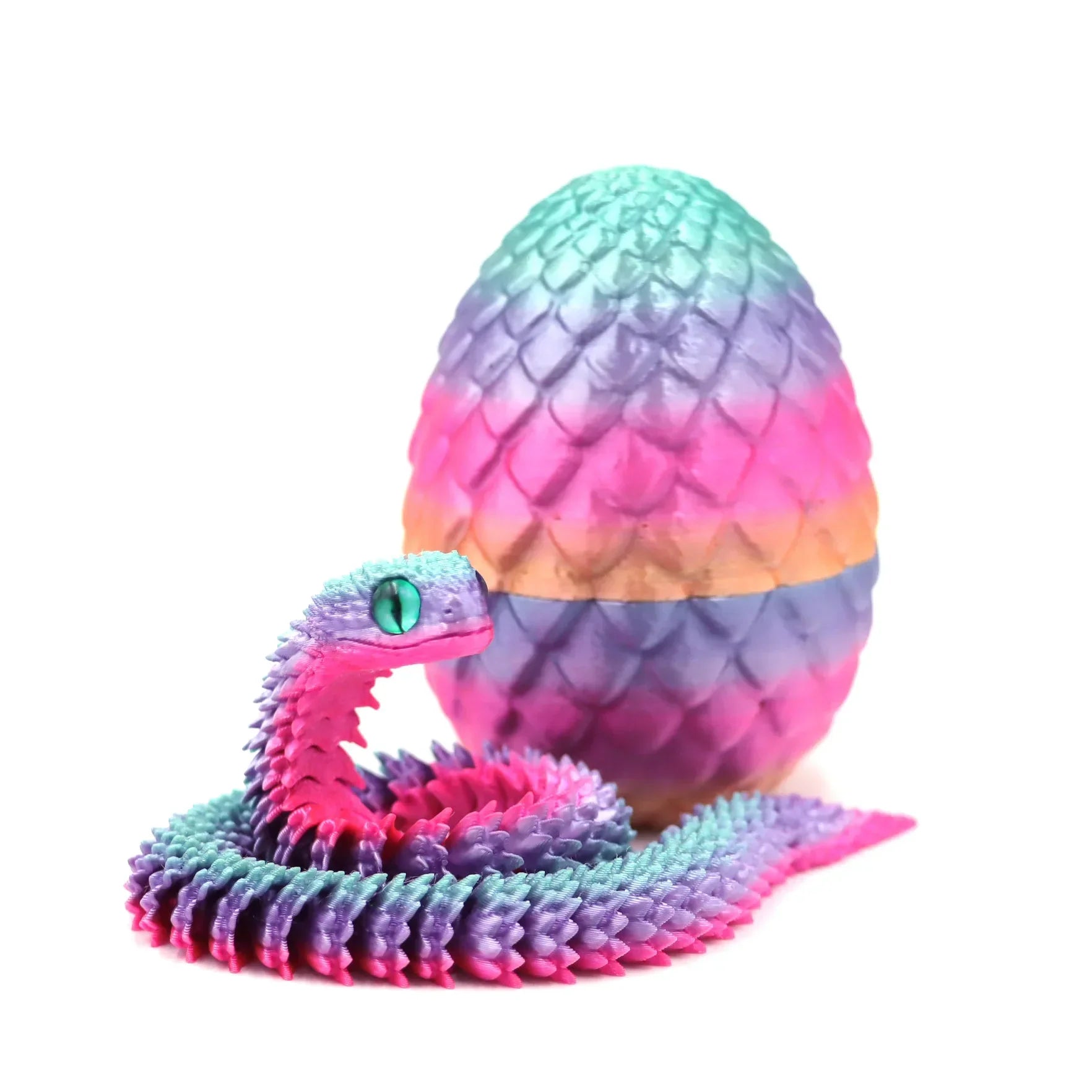 3D Printed Articulated Snake & Dragon Egg (22 cm / 8.7 in snake, 8 cm / 3.1 in egg) — Movable Joint Desktop Ornament, Fidget Toy & Anime Collectible