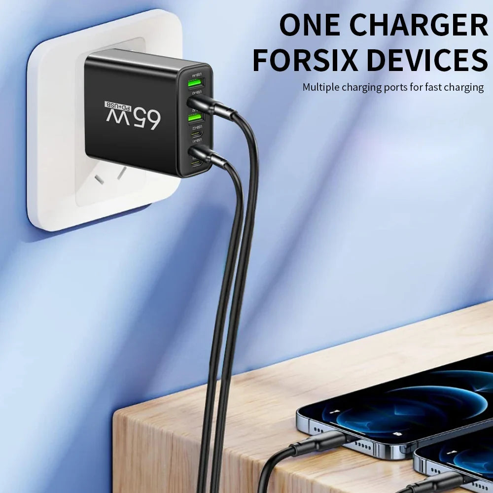 65W 6-Port USB Charger (2x USB-C + 4x USB-A) QC3.0 Fast Charge Travel Wall Adapter for Smartphones