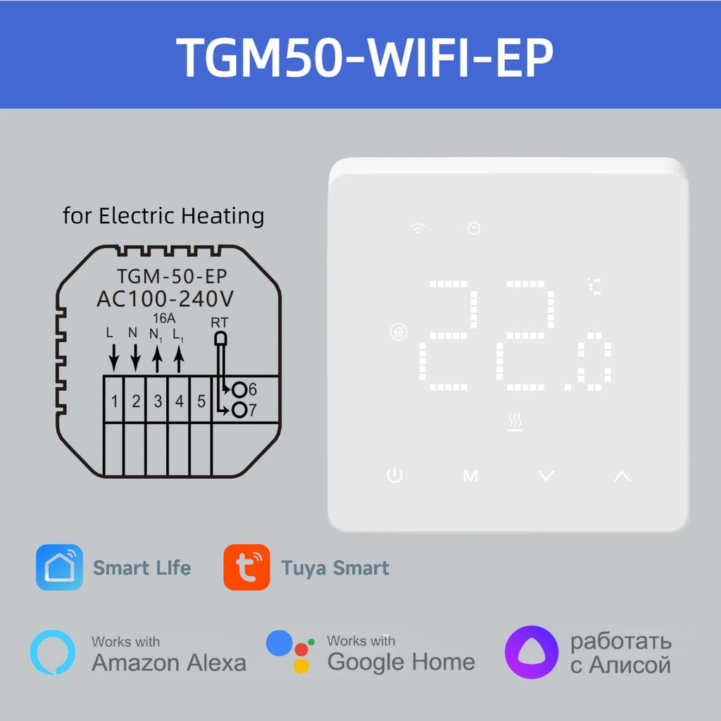 WiFi Smart Room Thermostat for Underfloor Heating — Tuya/Smart Life Compatible, Works with Alexa & Google Home