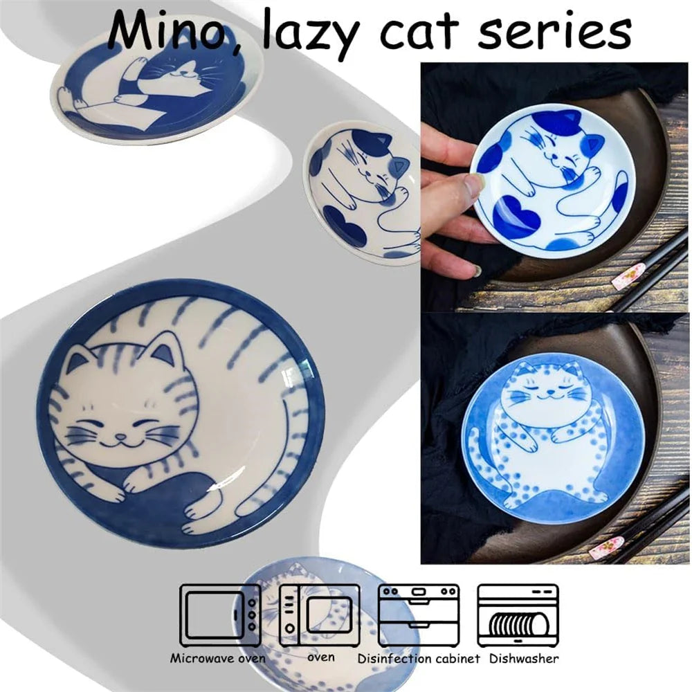 Japanese-Style Ceramic Lucky Cat Sauce Dish - Cute Dessert & Sushi Plate (1 or 4-Pack)