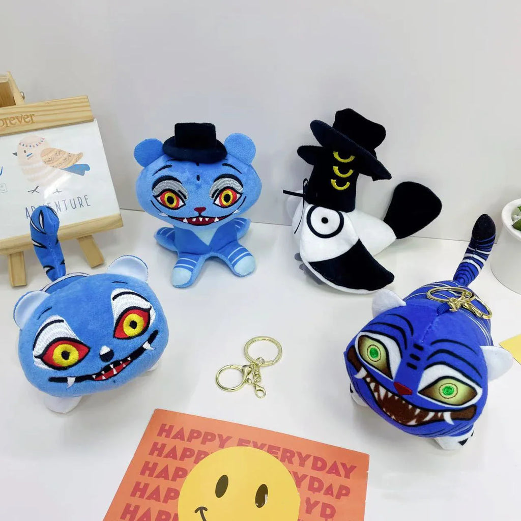 Anime K-Pop Demon Hunter Plush Keychain, Purple Tiger Monster with Black Hat and 3 Eyes Cute Plush Charm Gift