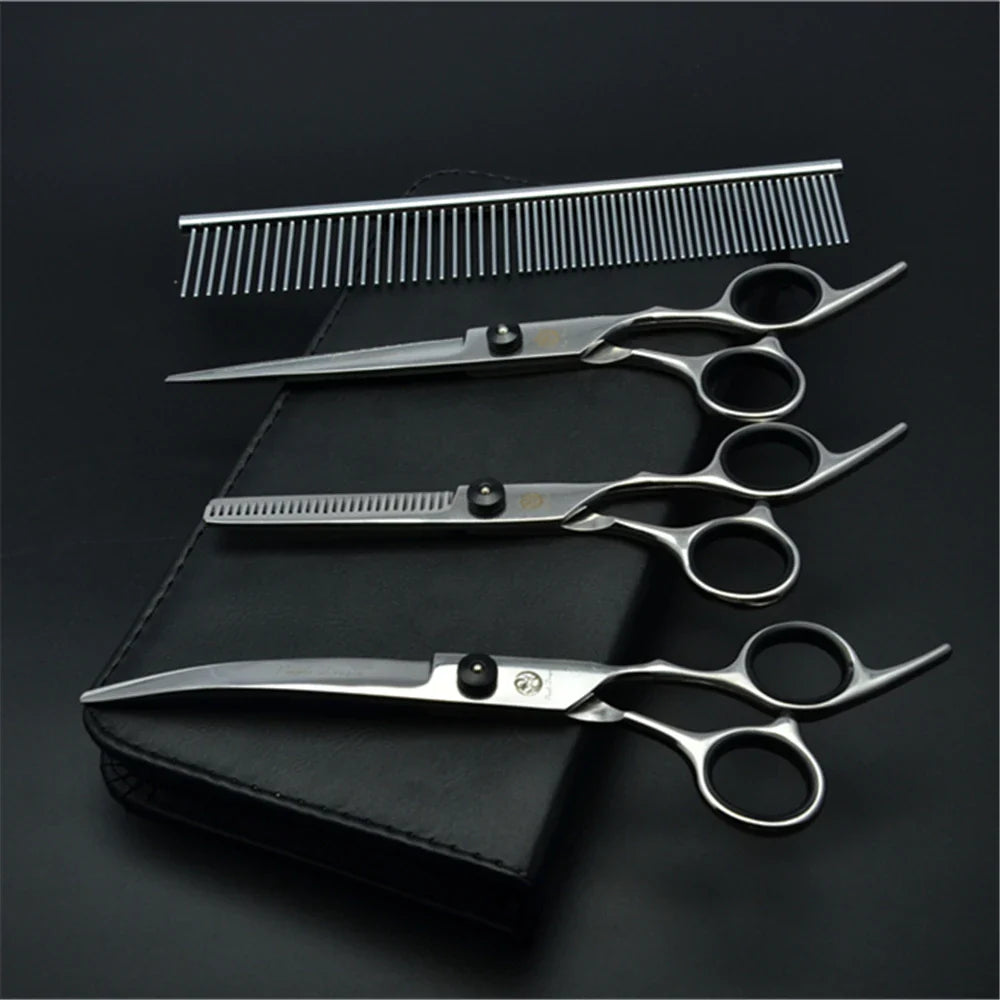 Professional Dog Grooming Scissors Set - 6" (15.2 cm) & 7" (17.8 cm) Stainless Steel Thinning & Curved Pet Shears