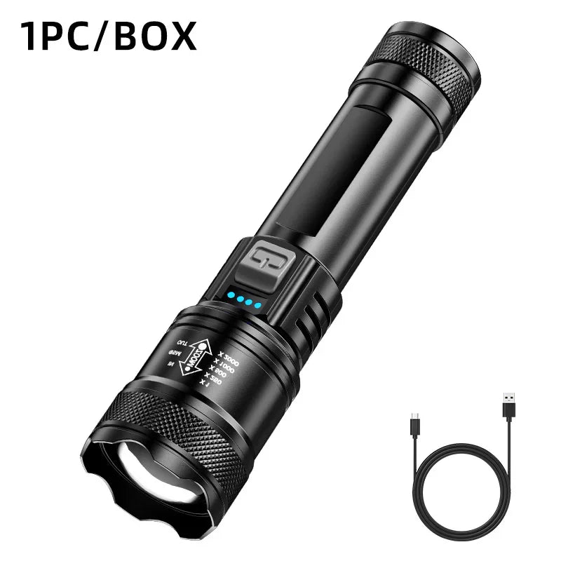1600 Lumen LED Rechargeable Flashlight with Battery Indicator – USB Type-C Telescopic Zoom Torch, Waterproof for Camping, Fishing & Hiking