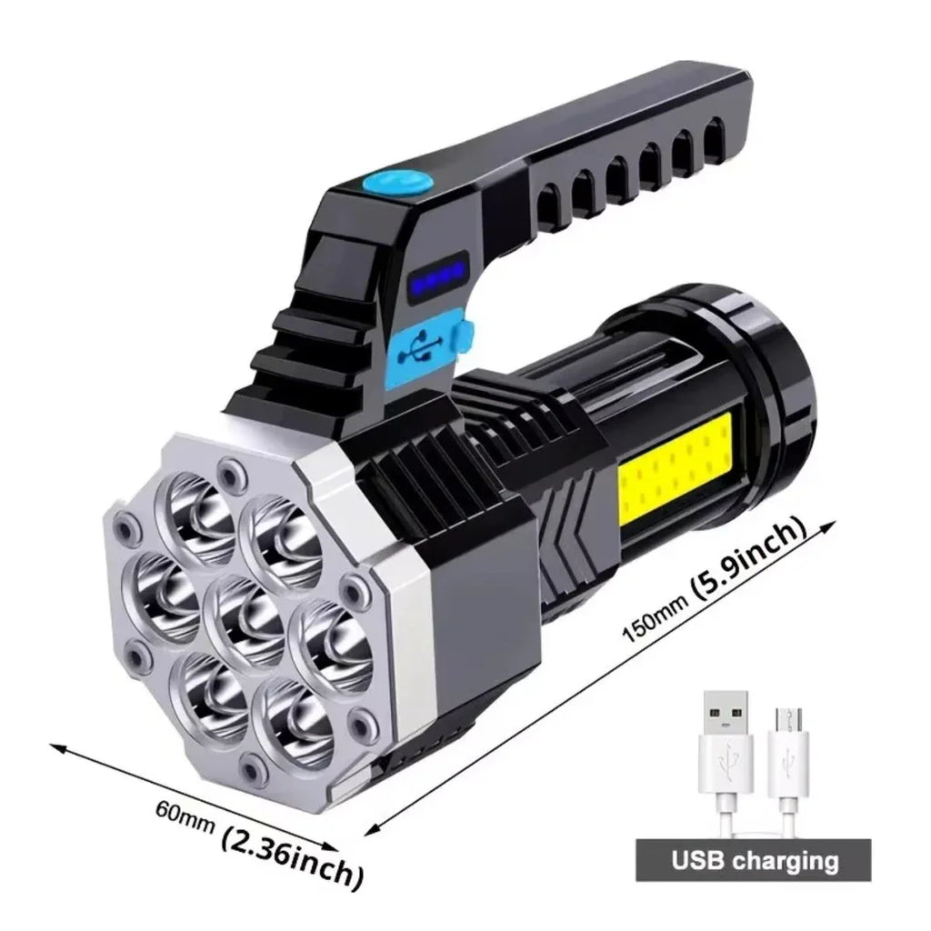 7-LED Rechargeable High-Power Flashlight with COB Side Light – USB Charging, Waterproof for Camping, Fishing & Hiking