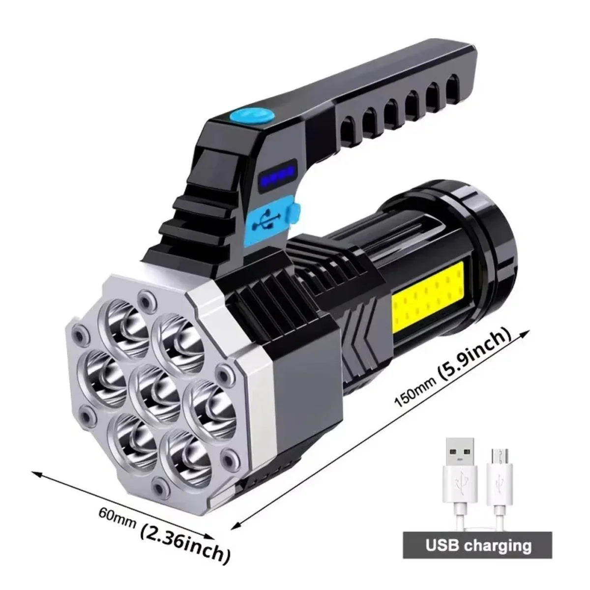 7-LED Rechargeable High-Power Flashlight with COB Side Light – USB Charging, Waterproof for Camping, Fishing & Hiking