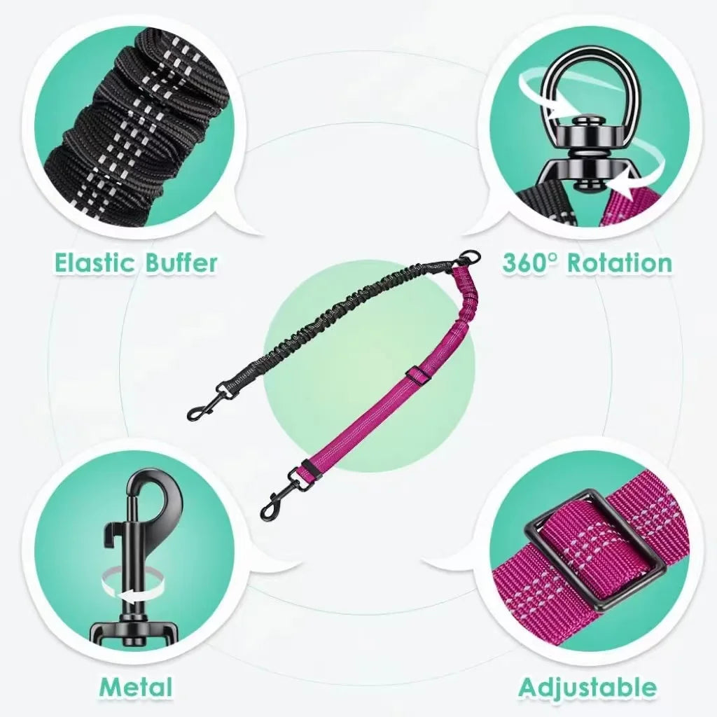 Adjustable Dual Dog Leash Coupler – No-Tangle Shock-Absorbing Bungee Splitter for Two Dogs (16.5–22.4 in / 42–60 cm, Elastic to 31.5 in / 80 cm)