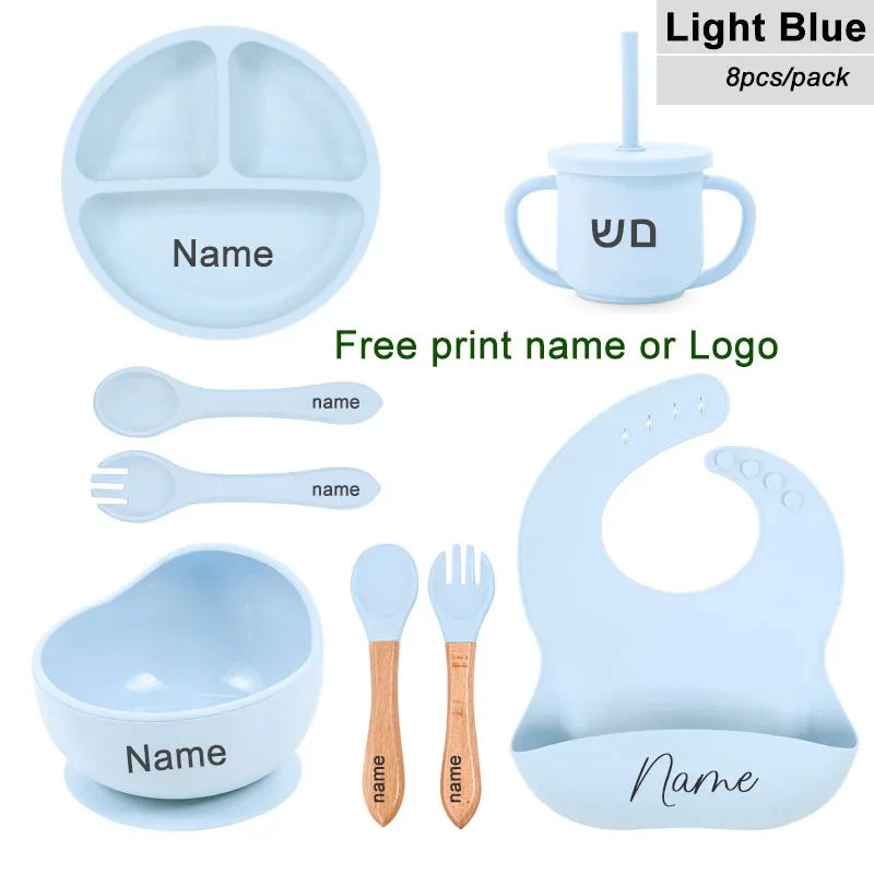 8-Piece Silicone Baby Feeding Set with Suction Plate, Bowl & Straw Cup — Personalized Kids Tableware, BPA-Free