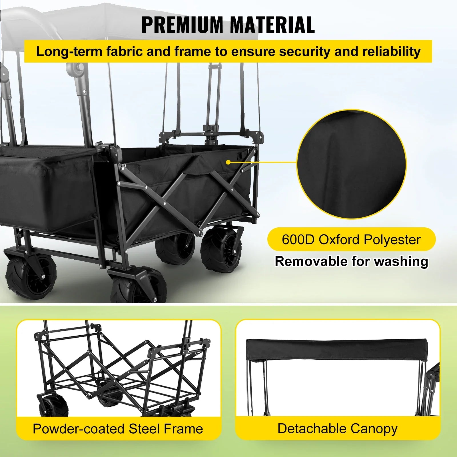 Folding Collapsible Wagon Cart with Adjustable Handle, Removable Canopy — 600D Oxford Utility Beach & Camping Cart