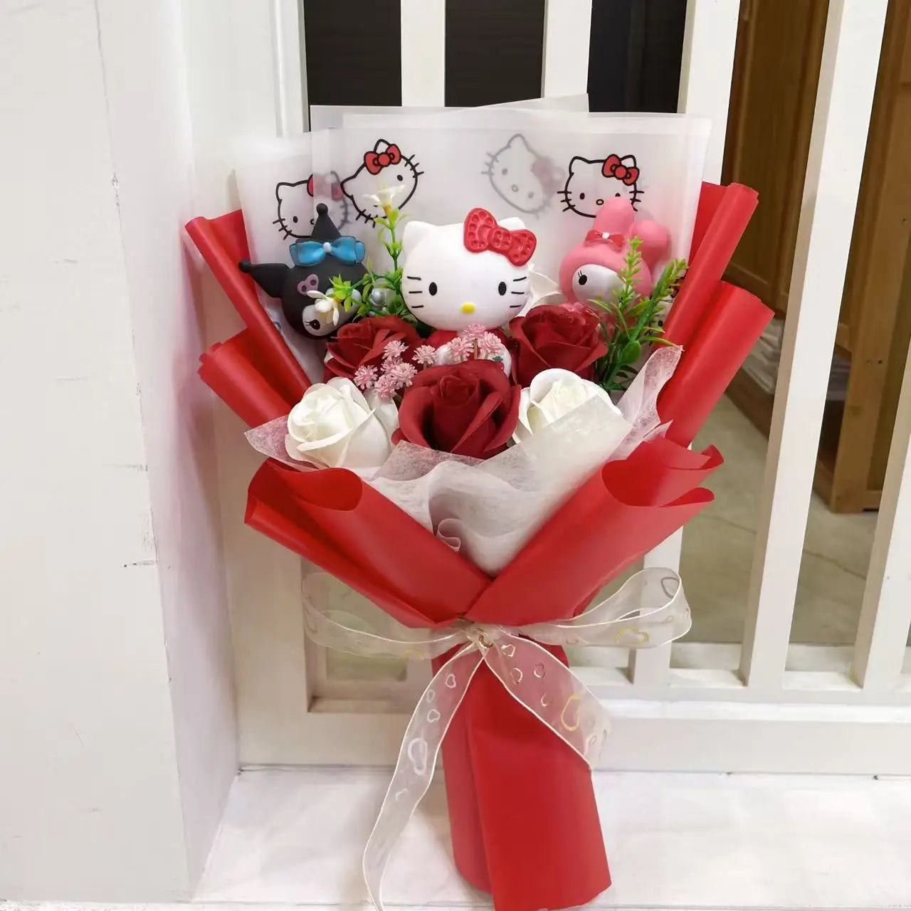 Kawaii Cat Plush Bouquet with Artificial Flowers — Cute Plush Doll Gift for Her, Valentine, Birthday, Graduation