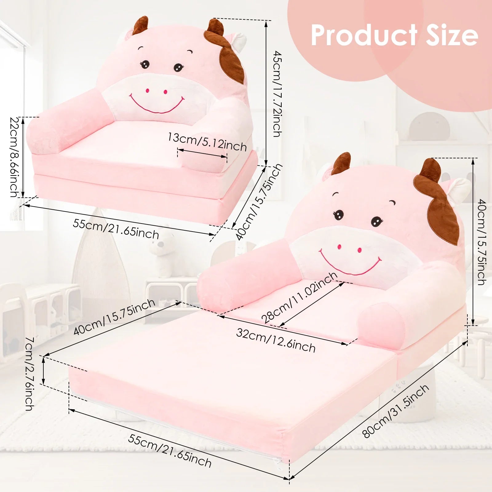 Foldable Kids Sofa Toddler Armchair (Ages 1-4) – Foam-Filled Convertible Seat & Sleeping Mat for Reading Nursery Bedroom
