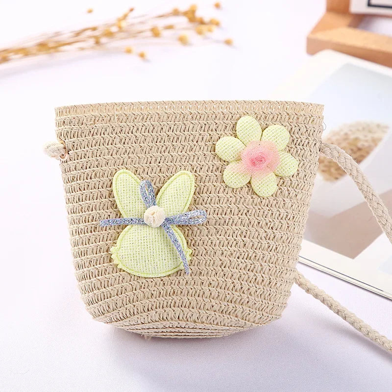 Girls Daisy Straw Mini Messenger Bag, Kids Shoulder Handbag with Coin Purse
