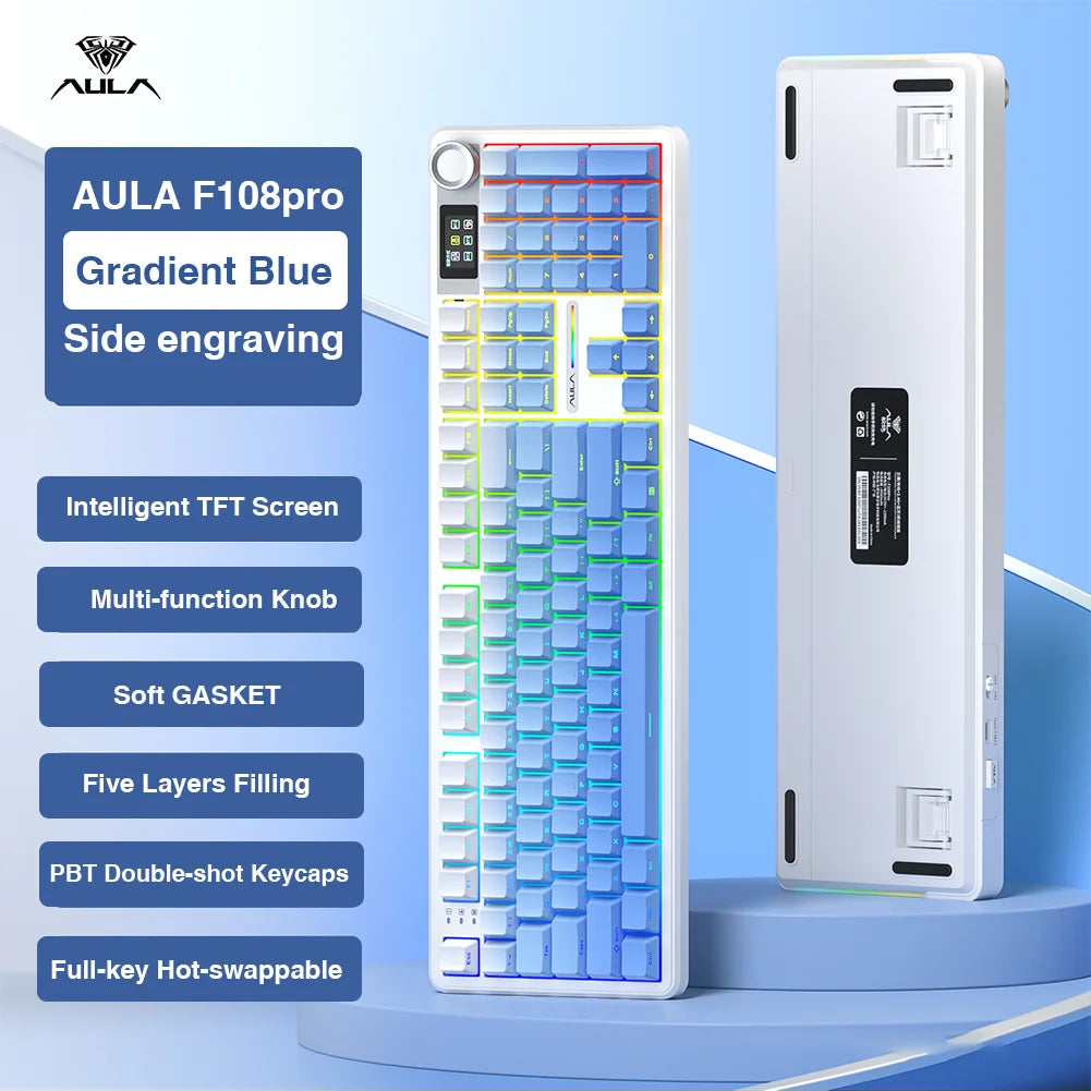Wireless Bluetooth Mechanical Keyboard 108-Key — Gasket Mount, Hot-Swappable Full-Size with TFT Smart Display, RGB (USB-C, 2.4G, Bluetooth)