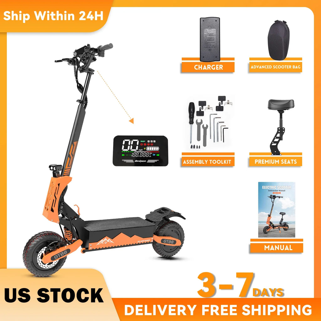 Dual Motor 5600W Adult Electric Scooter — Up to 46 MPH (74 km/h), 60V 27Ah Foldable eScooter with Seat, 11-inch (28 cm) Off-Road Tires