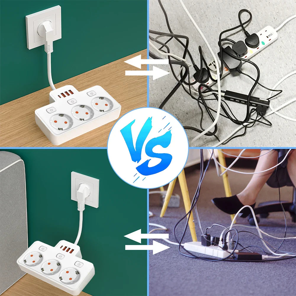 EU Wall-Mounted Power Strip — 3 AC Outlets + 4 USB Ports, Independent Switches, 0.5 m (20 in) Cord