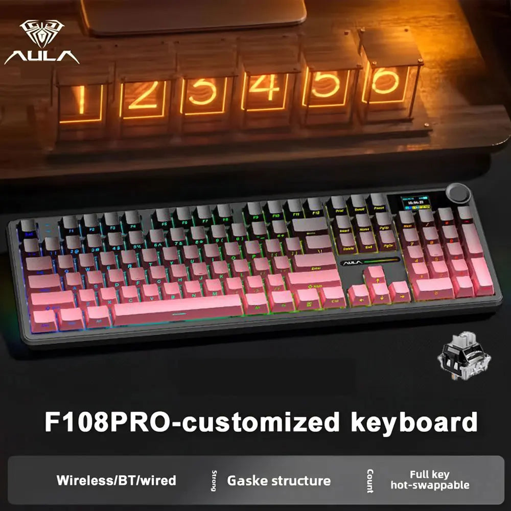 Mechanical Gaming Keyboard — Tri-Mode Bluetooth/2.4G/Wired, Hot-Swappable 108-Key, RGB, 1.14" (29 mm) TFT Smart Display, Multi-Function Knob, 8000mAh Battery, PBT Keycaps