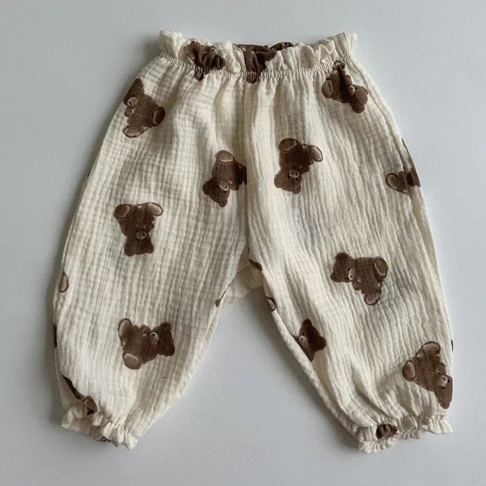 Organic Cotton Baby Pants – Soft Muslin Bloomers for Newborns & Toddlers, Elastic Mid Waist, Cute Animal & Floral Prints
