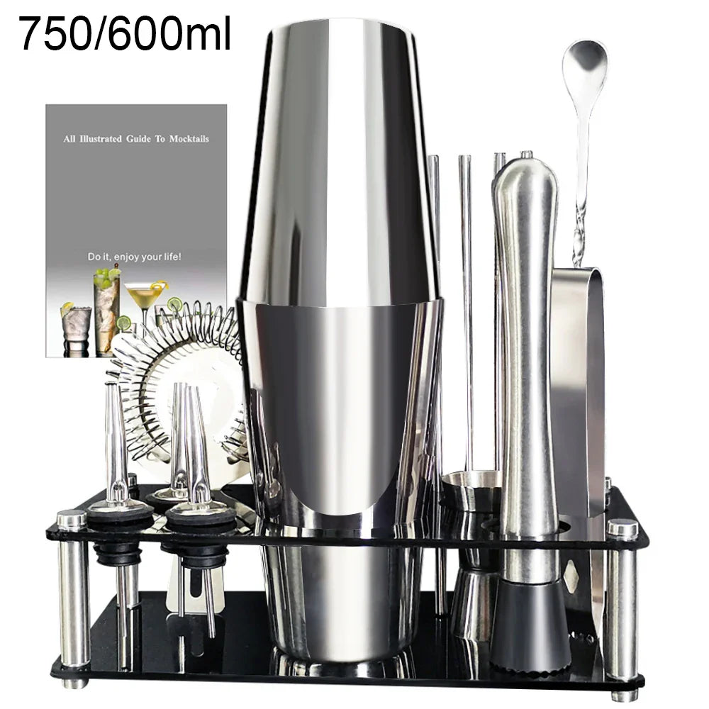 13-22 Piece Cocktail Shaker Bar Set – Stainless Steel Bartender Kit with 750ml/600ml Shaker, Jiggers, Strainer, Pourers & Acrylic Rack
