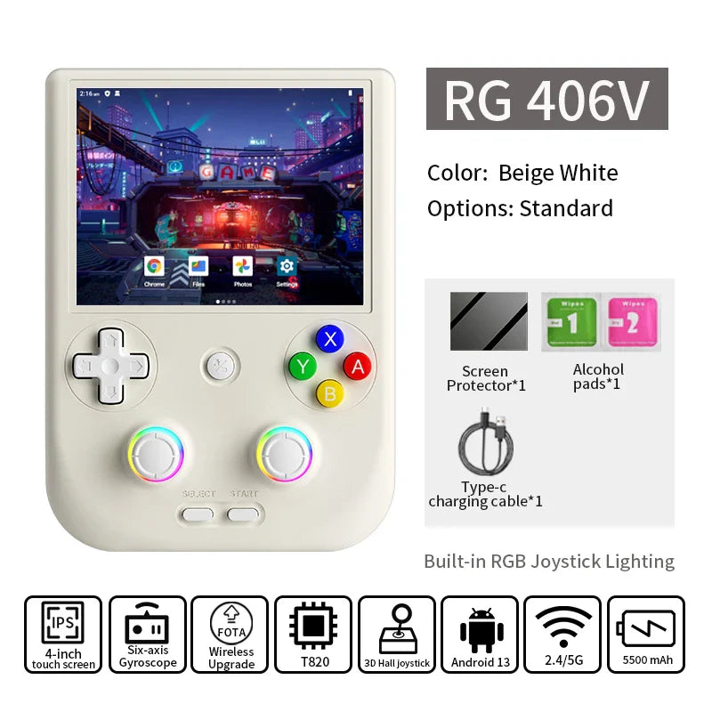 Retro Handheld Game Console 4.0-inch (10.2 cm) IPS Touchscreen, Android 13, WiFi & Bluetooth 5.0, 3D Hall Joystick, RGB Lighting, 128GB, 5500mAh