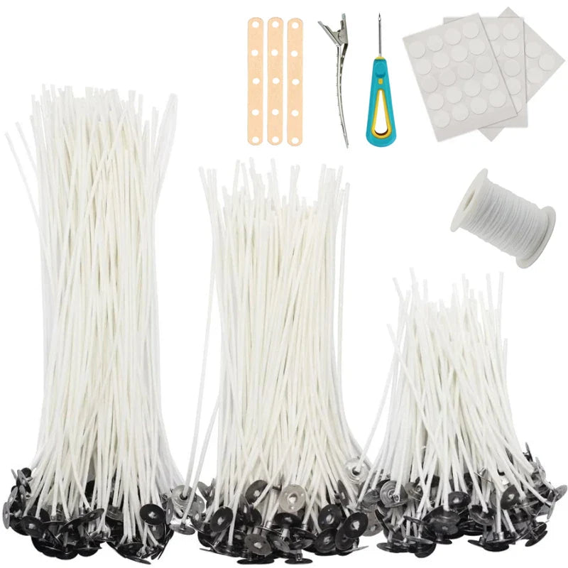 100-Pack Waxed Cotton Candle Wicks with Stand and Tabs, Smokeless Soy Wax-Core Candle Making Supplies