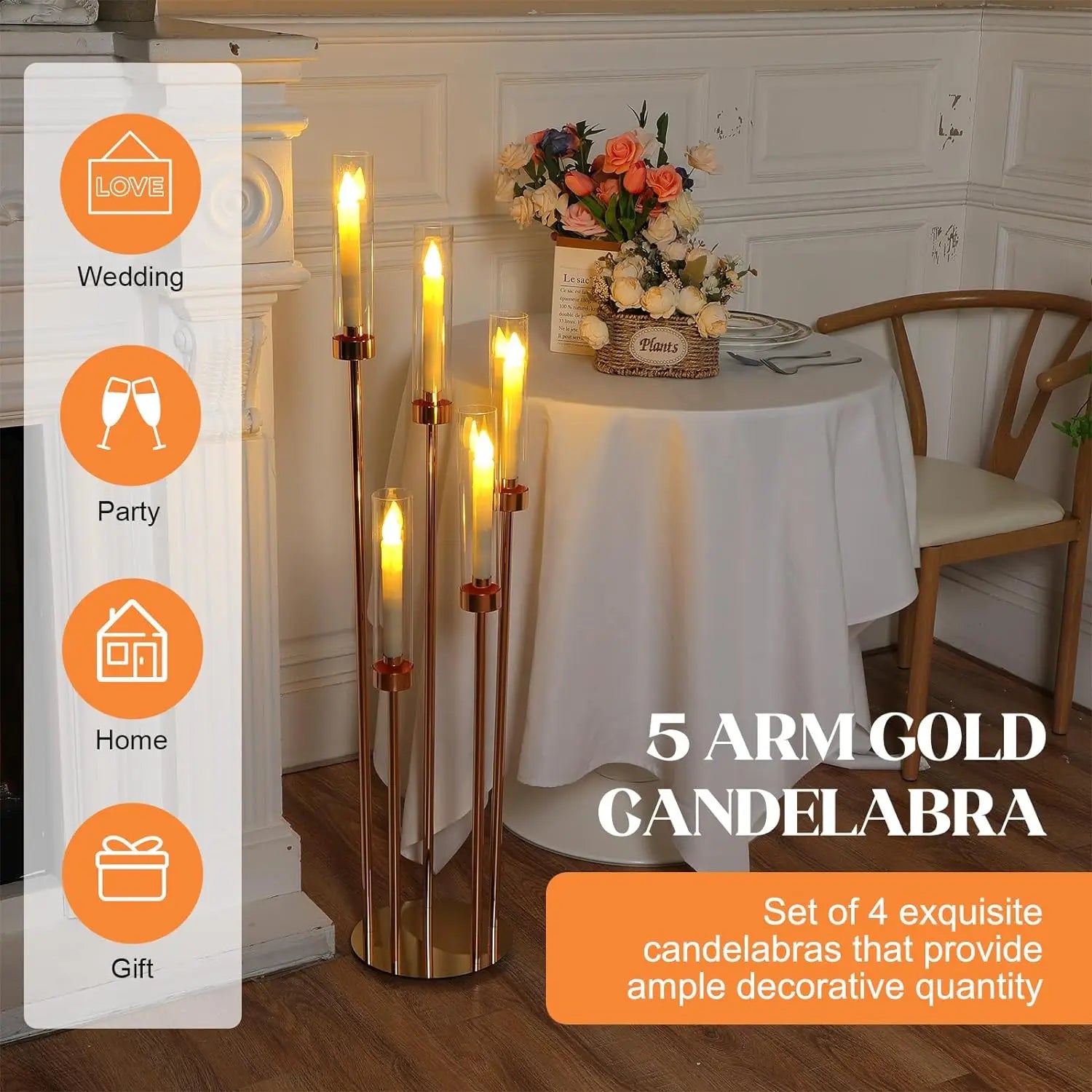 5-Arm Floor Candelabra 42.5 in (108 cm) Gold Metal Candle Holder Centerpiece with Removable Acrylic Shades