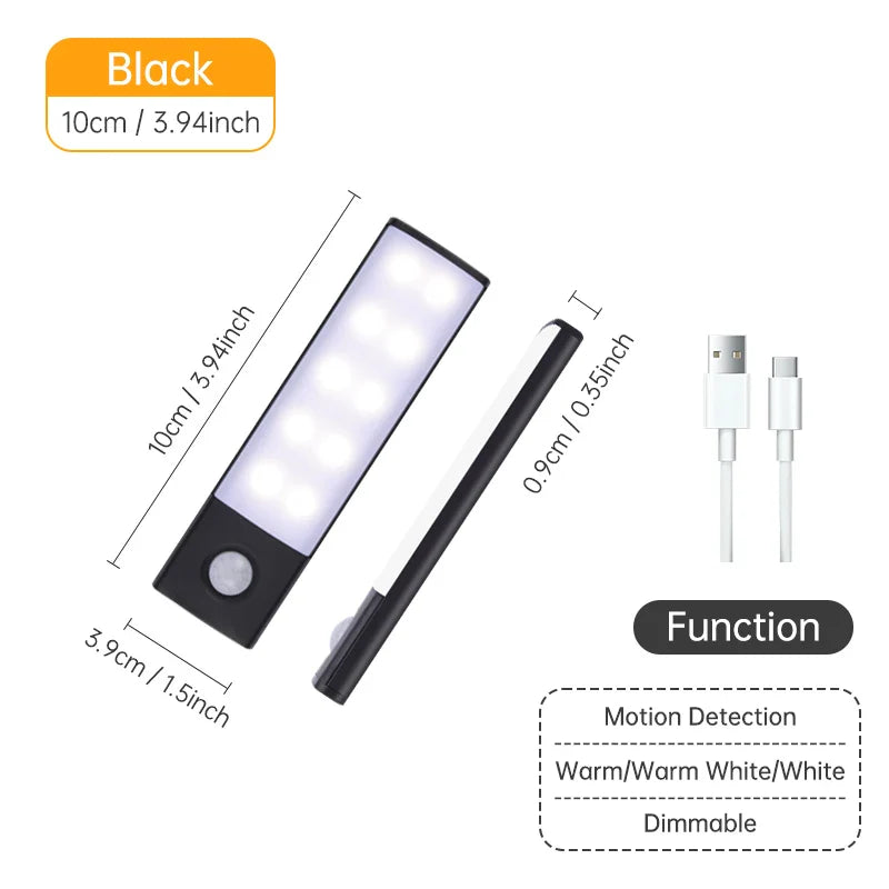 Rechargeable Motion Sensor LED Night Light — USB Wireless Cabinet & Wardrobe Light with Magnetic Mount, 3 Color Temperatures (3000K/4000K/6000K)