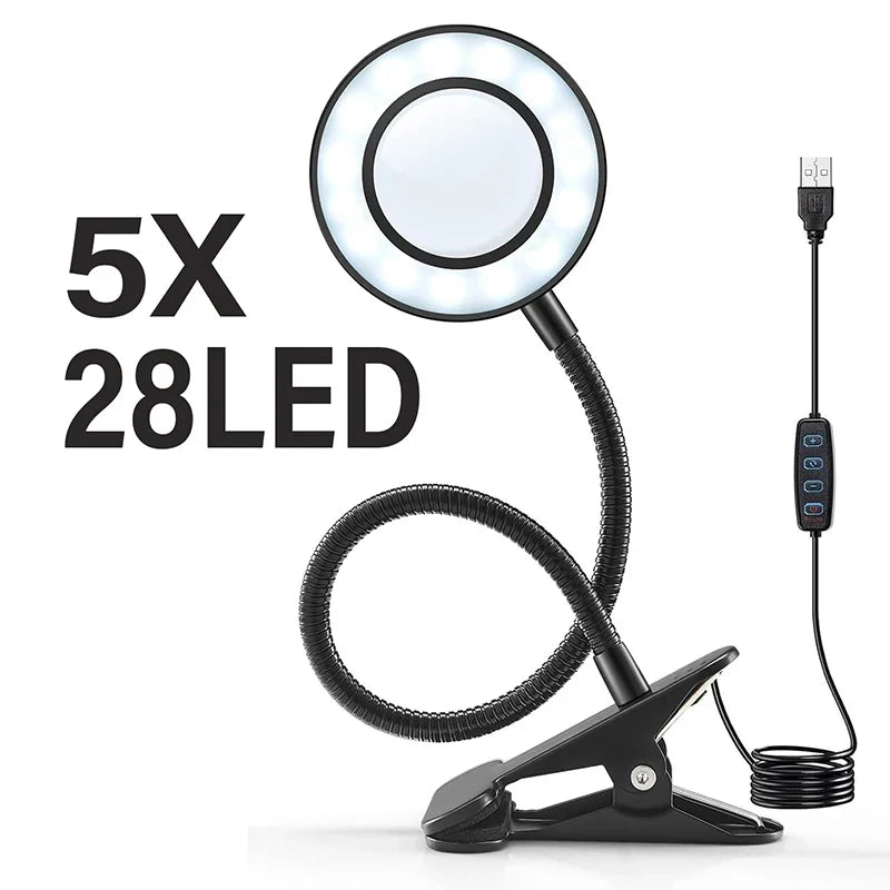 5X/10X LED Magnifying Glass with Light — 3 Color Modes, 10 Brightness Levels, 3.27-inch Glass Lens, Clip-On & Stand for Reading, Crafting, Manicure