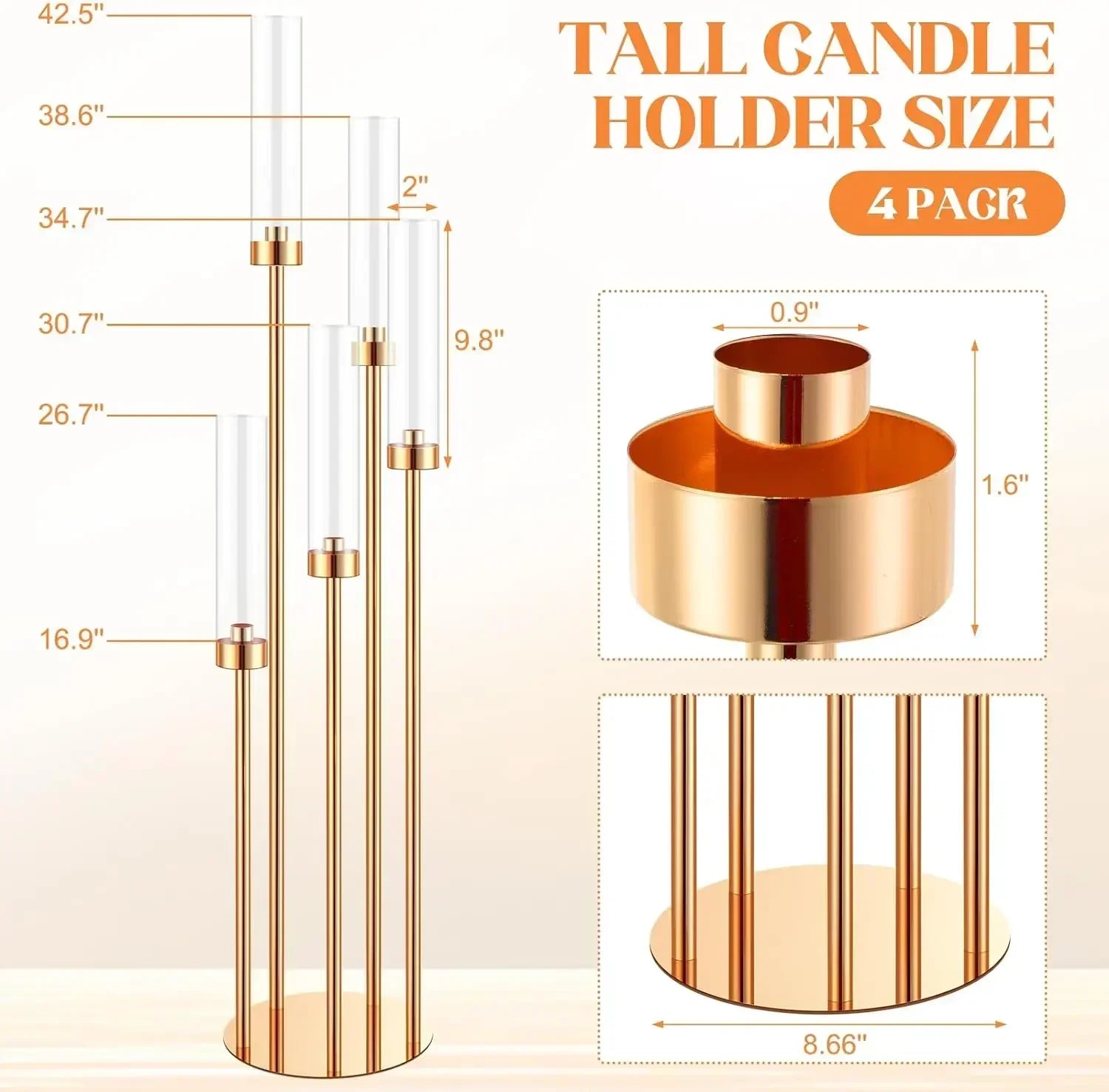 5-Arm Floor Candelabra 42.5 in (108 cm) Gold Metal Candle Holder with 5 Acrylic Shades for Wedding Centerpiece