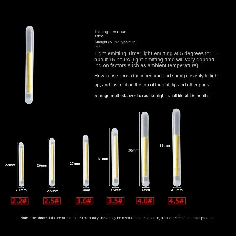 50/100-Pack Fluorescent Firefly Fishing Rod Lights – Glow Night Float Lights, Sizes 2.2–4.5mm (0.09–0.18 in)