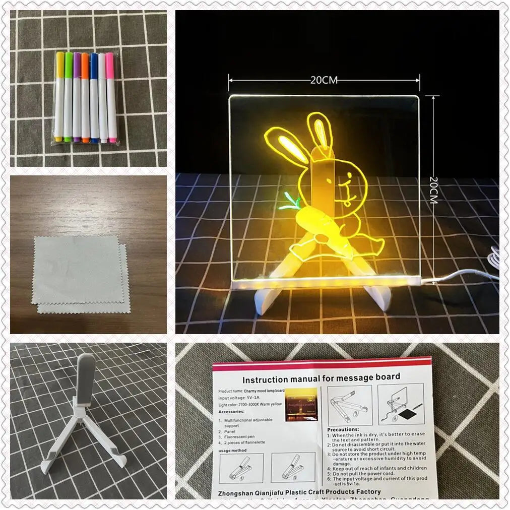 USB LED Acrylic Message Board Night Light with 7 Color Marker Pens — Rewritable Glowing Writing & Drawing Board for Home, Office & School