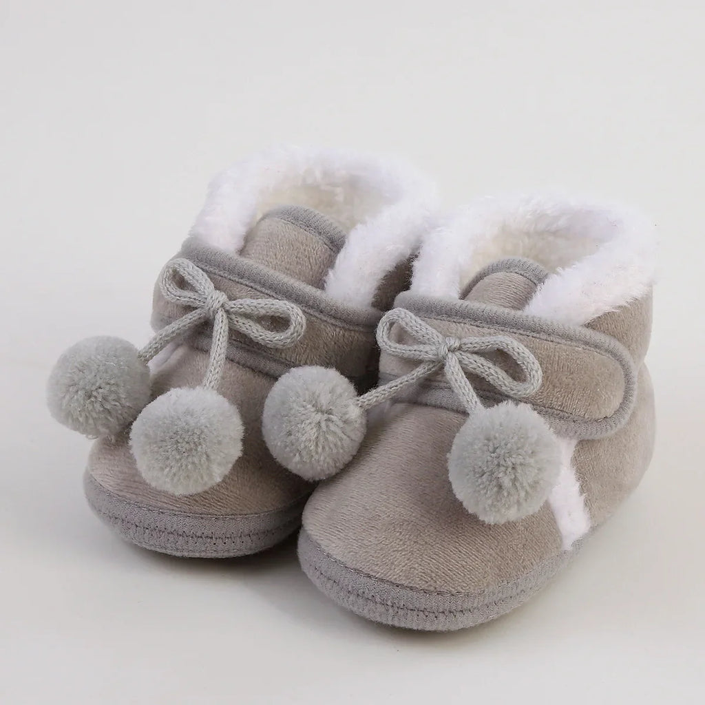 Baby Soft Pompom Snow Booties - Warm Infant & Toddler First Walker Boots, Sizes 12-14 (4.3-4.9 in / 11-12.5 cm)