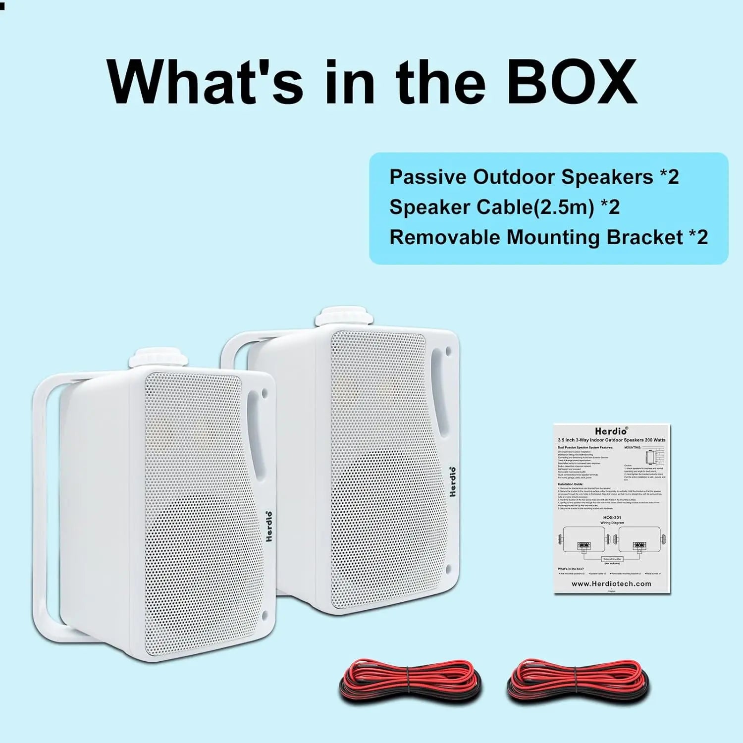 3.5-Inch Wired 200W Passive Outdoor Speakers — 3-Way Waterproof Wall-Mount Pair, ABS Weatherproof