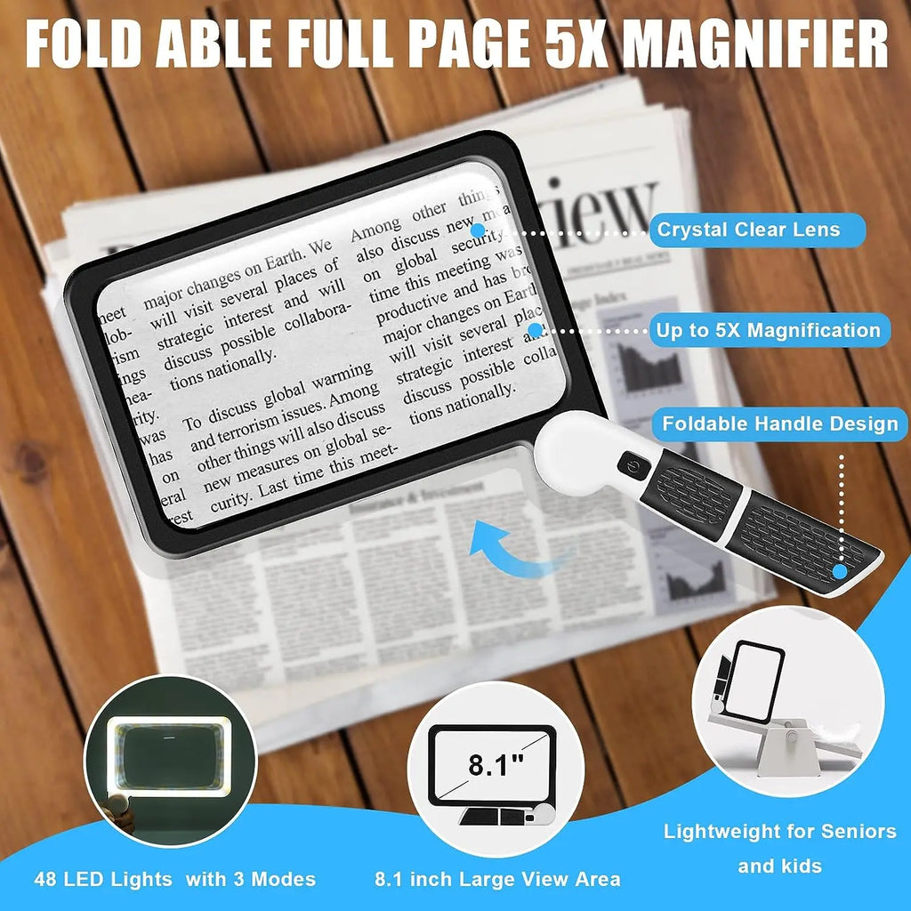 5X Rectangular LED Reading Magnifier - 48 LEDs, Dimmable Foldable Handheld, 7.3 x 4.4 in (18.5 x 11.2 cm) Large Lens for Seniors & Low Vision