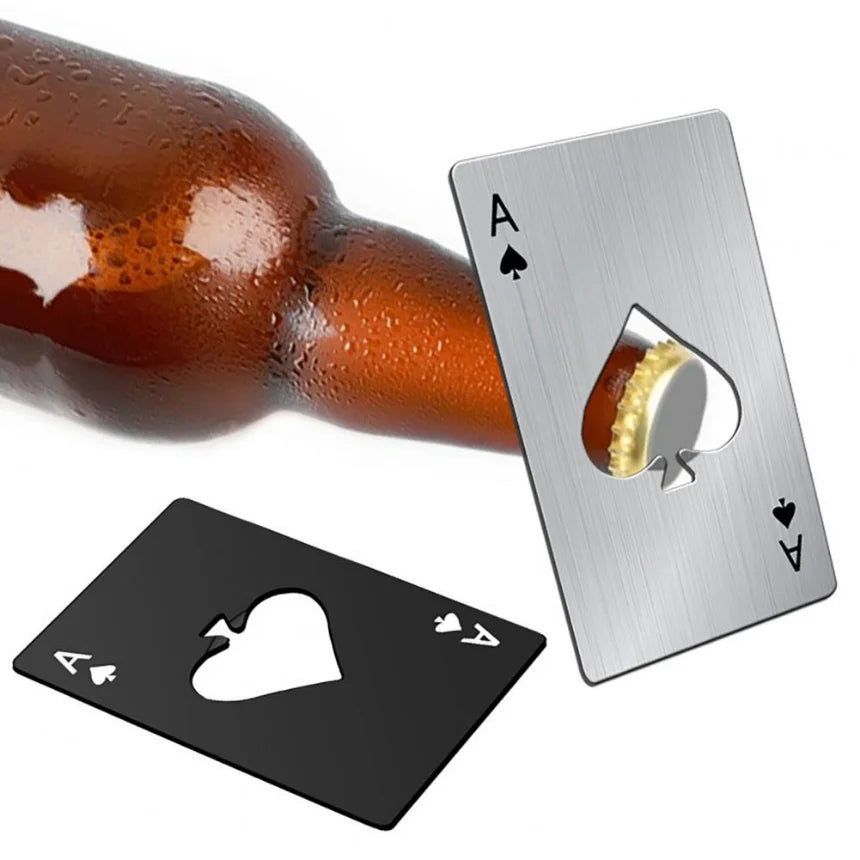 Poker-Shaped Credit Card Bottle Opener — Stainless Steel Wallet Size Beer & Can Opener (85 x 54 mm / 3.35 x 2.13 in) - Black/Silver