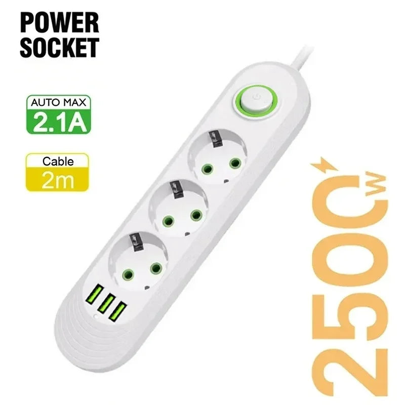 2500W EU Plug Power Strip, 5 Outlets & 3 USB Ports, Overload Protection with Master Switch
