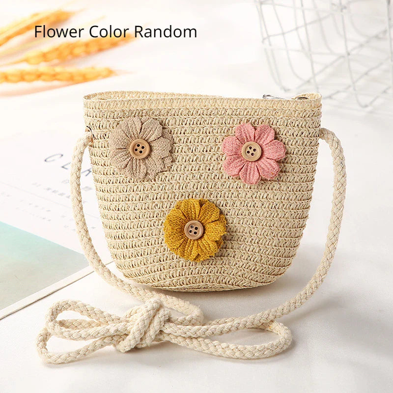 Girls Daisy Straw Mini Messenger Bag, Kids Shoulder Handbag with Coin Purse